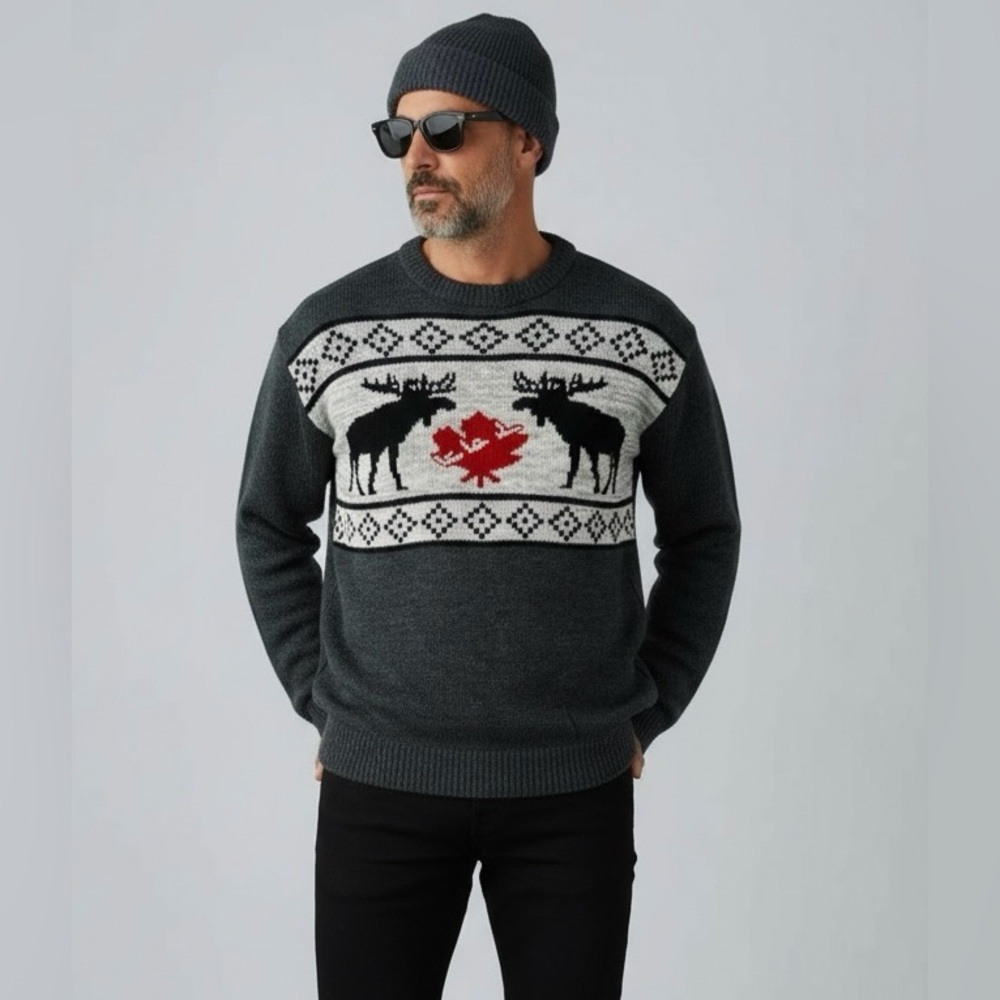 Canada Moose Maple Leaf Knit Sweater Mens Small Pullover Fair Isle Pattern